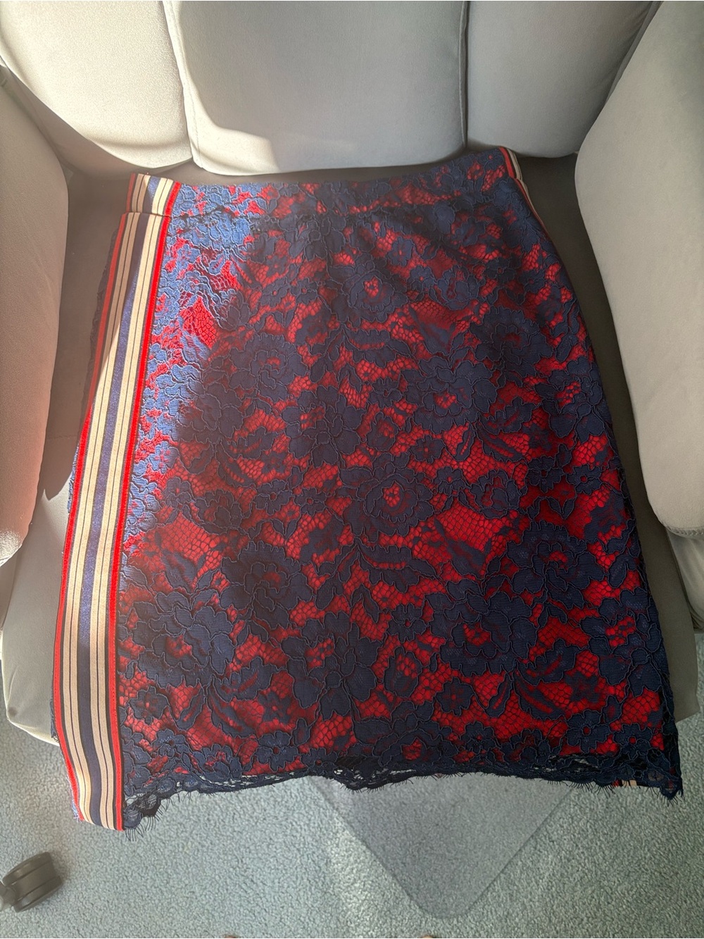 Pinko Red and Navy Lace Pencil Skirt with Striped Side Panel